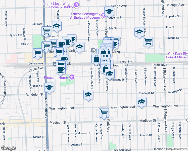 map of restaurants, bars, coffee shops, grocery stores, and more near 122 South Kenilworth Avenue in Oak Park