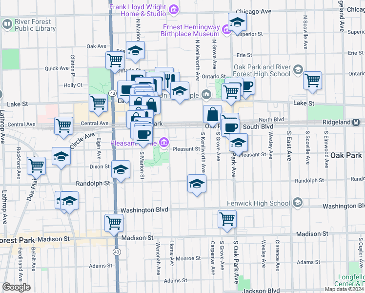 map of restaurants, bars, coffee shops, grocery stores, and more near 118 Home Avenue in Oak Park