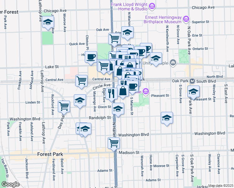 map of restaurants, bars, coffee shops, grocery stores, and more near 116 1/2 South Maple Avenue in Oak Park