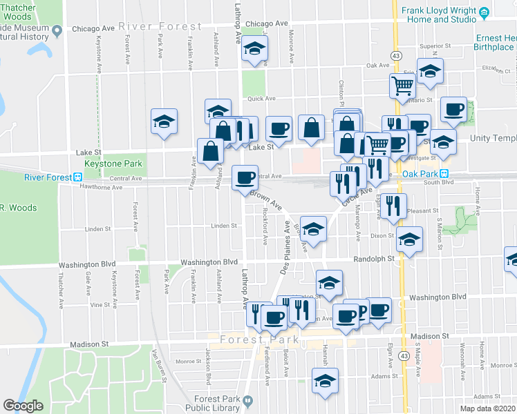map of restaurants, bars, coffee shops, grocery stores, and more near 7521 Brown Avenue in Forest Park