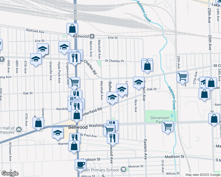 map of restaurants, bars, coffee shops, grocery stores, and more near in Bellwood
