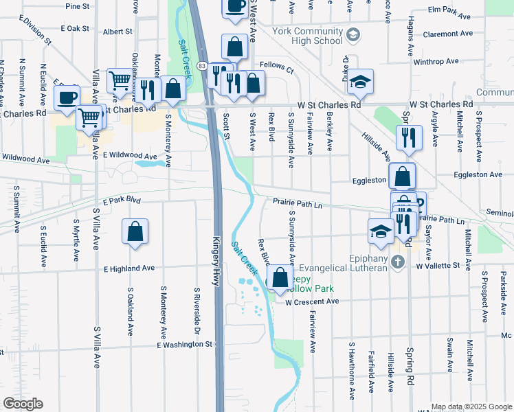map of restaurants, bars, coffee shops, grocery stores, and more near 483 Rex Boulevard in Elmhurst
