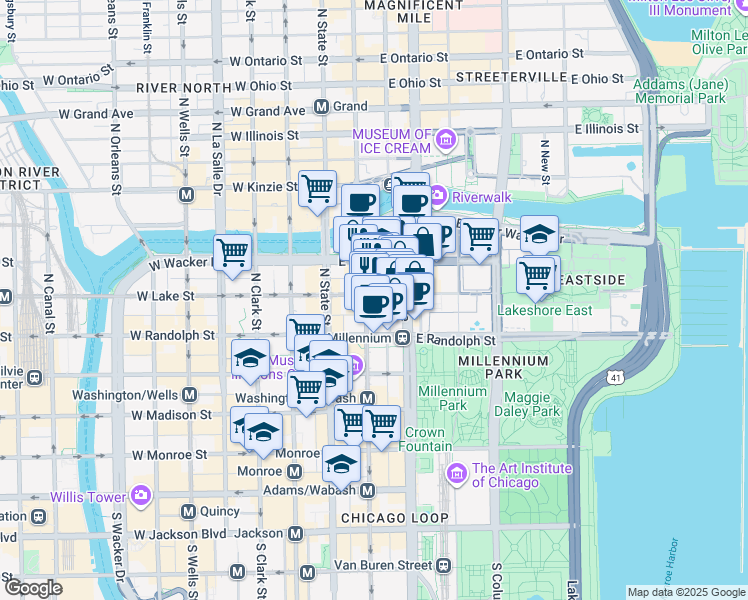 map of restaurants, bars, coffee shops, grocery stores, and more near 53 East Lake Street in Chicago