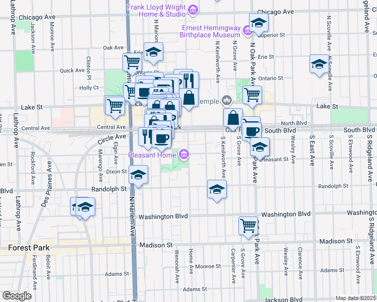 map of restaurants, bars, coffee shops, grocery stores, and more near 217 Home Avenue in Oak Park