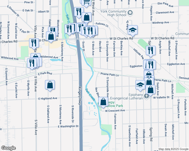 map of restaurants, bars, coffee shops, grocery stores, and more near 483 Rex Boulevard in Elmhurst