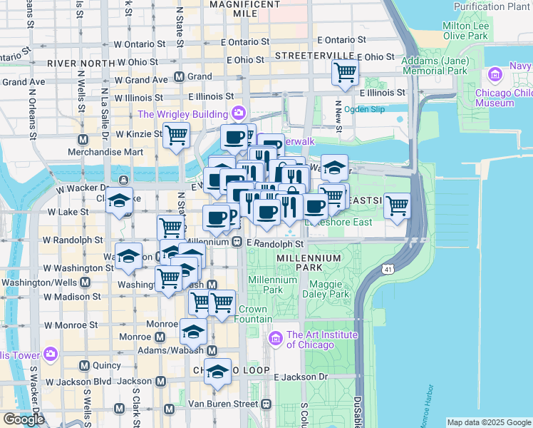map of restaurants, bars, coffee shops, grocery stores, and more near 221 North Stetson Avenue in Chicago