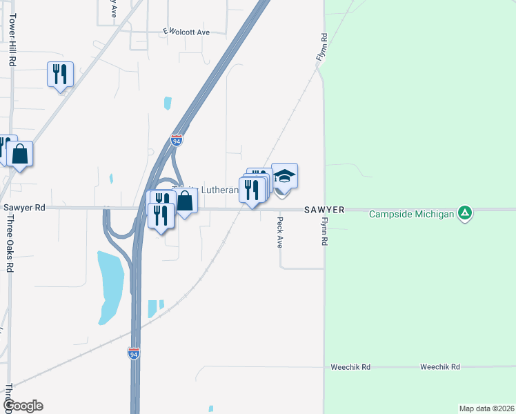 map of restaurants, bars, coffee shops, grocery stores, and more near 5861 Sawyer Road in Sawyer