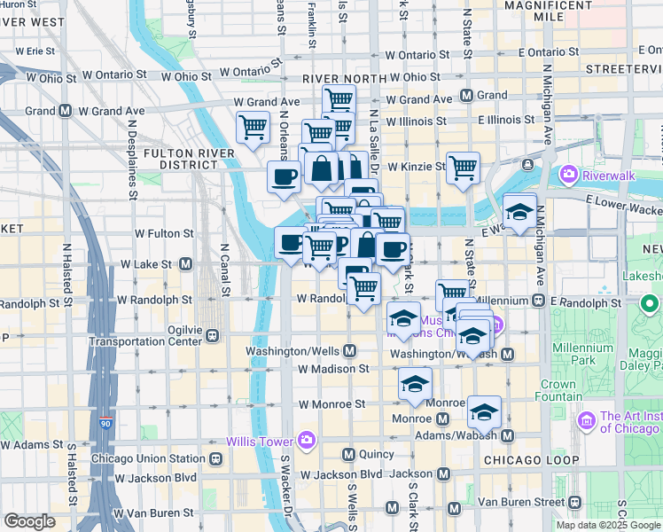 map of restaurants, bars, coffee shops, grocery stores, and more near 215 West Lake Street in Chicago