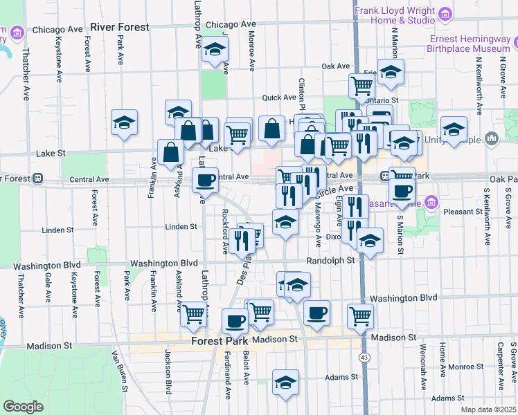 map of restaurants, bars, coffee shops, grocery stores, and more near 7459 Franklin Street in Forest Park