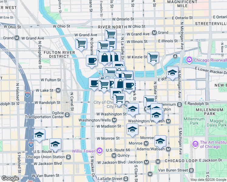 map of restaurants, bars, coffee shops, grocery stores, and more near 201 North Wells Street in Chicago