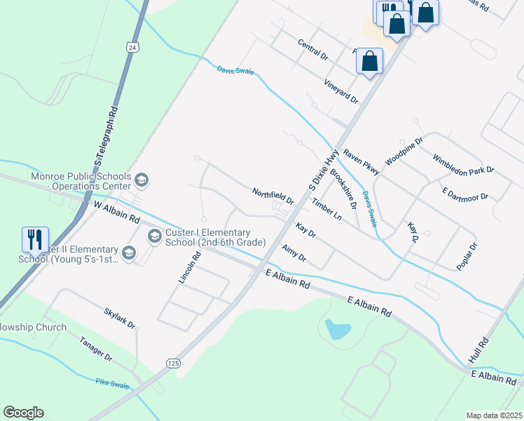 map of restaurants, bars, coffee shops, grocery stores, and more near 5041 Northfield Drive in Monroe