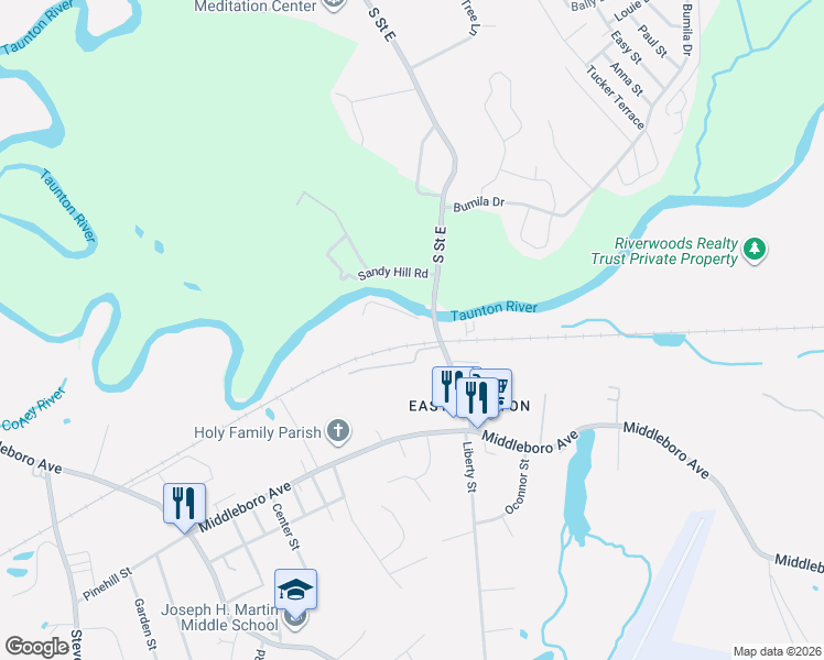 map of restaurants, bars, coffee shops, grocery stores, and more near 96 Old Colony Avenue in Taunton