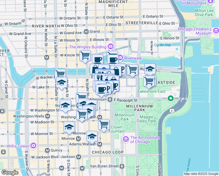 map of restaurants, bars, coffee shops, grocery stores, and more near 85 East Lake Street in Chicago