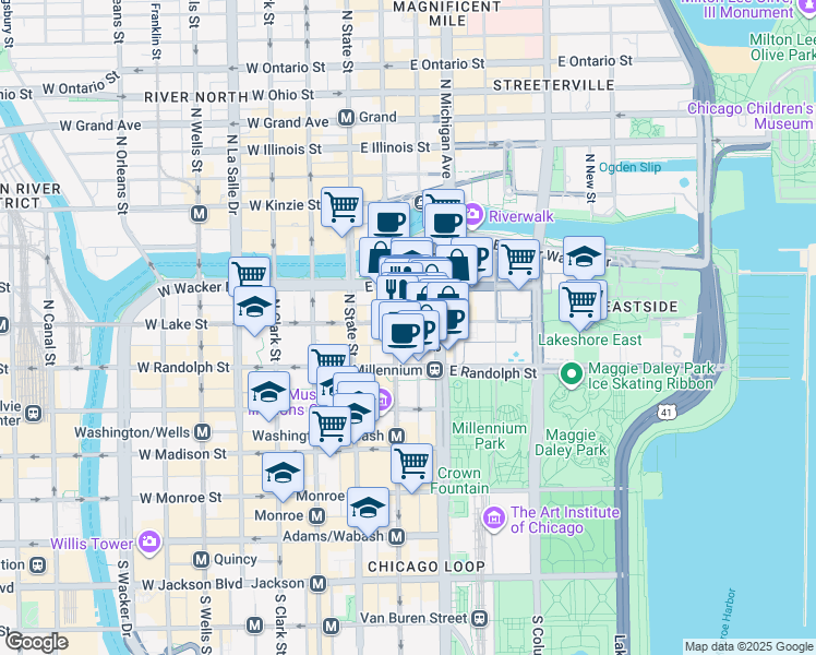 map of restaurants, bars, coffee shops, grocery stores, and more near 63 E Lake Street, 6th Floor in Chicago