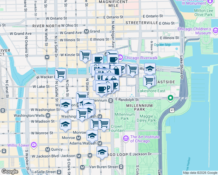map of restaurants, bars, coffee shops, grocery stores, and more near 77 East Lake Street in Chicago