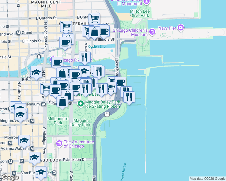 map of restaurants, bars, coffee shops, grocery stores, and more near 195 North Harbor Drive in Chicago