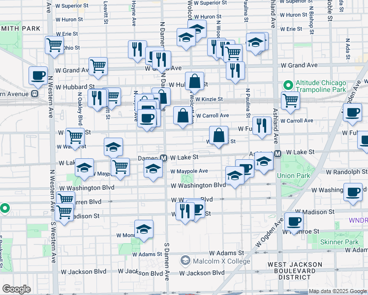 map of restaurants, bars, coffee shops, grocery stores, and more near 1914 West Walnut Street in Chicago