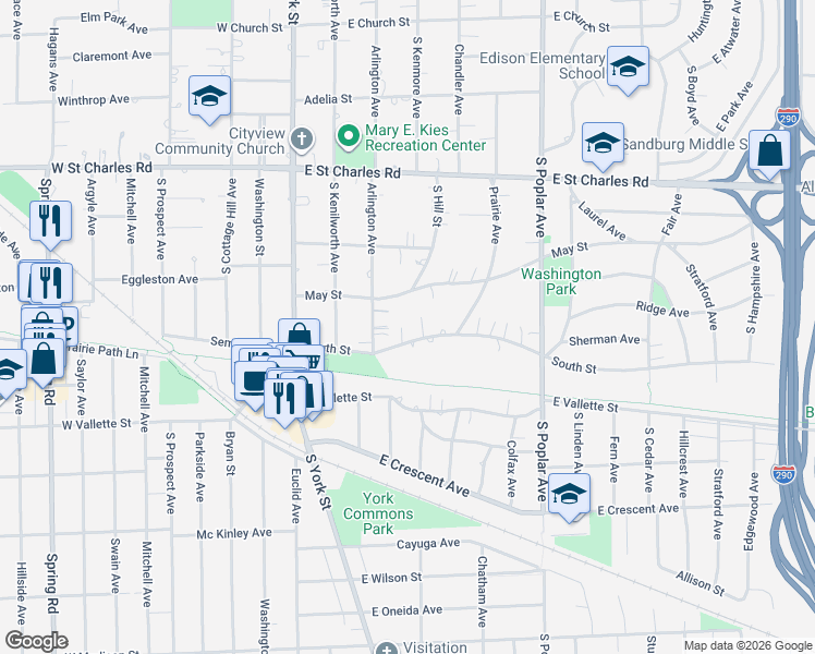 map of restaurants, bars, coffee shops, grocery stores, and more near 178 May Street in Elmhurst