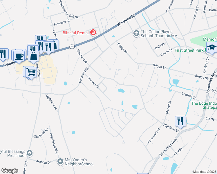 map of restaurants, bars, coffee shops, grocery stores, and more near 8 Edson Street in Taunton