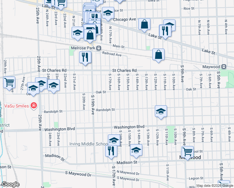 map of restaurants, bars, coffee shops, grocery stores, and more near 204 South 16th Avenue in Maywood