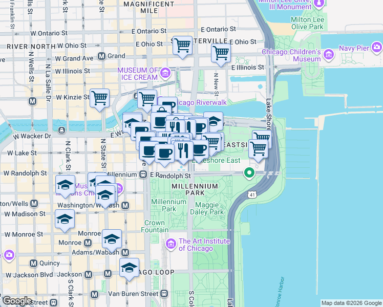 map of restaurants, bars, coffee shops, grocery stores, and more near North Columbus Service Drive in Chicago