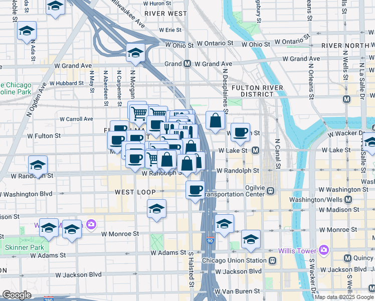 map of restaurants, bars, coffee shops, grocery stores, and more near 812 West Lake Street in Chicago