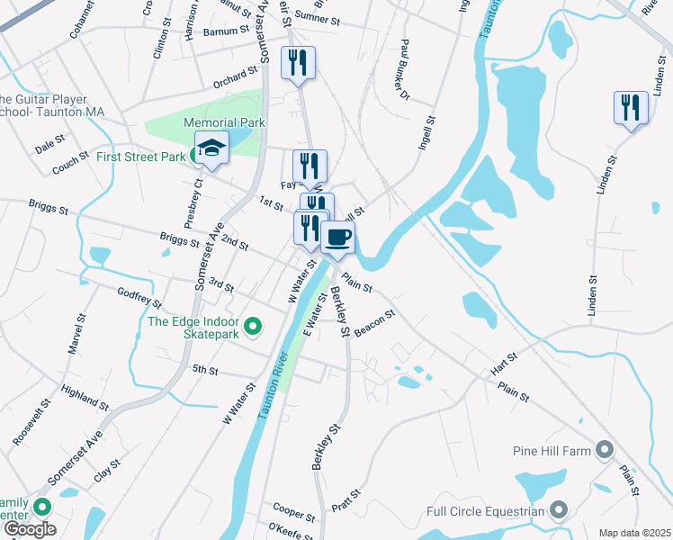 map of restaurants, bars, coffee shops, grocery stores, and more near 5 East Water Street in Taunton