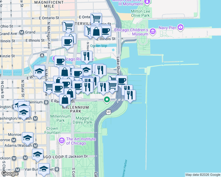 map of restaurants, bars, coffee shops, grocery stores, and more near 195 North Harbor Service Drive in Chicago