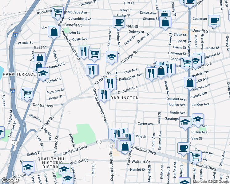 map of restaurants, bars, coffee shops, grocery stores, and more near 155 Mendon Avenue in Pawtucket