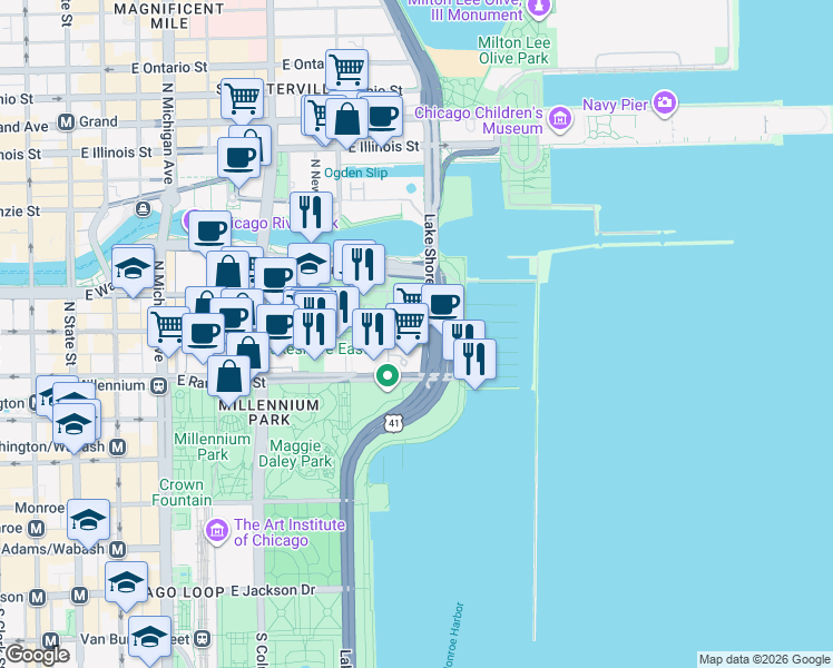 map of restaurants, bars, coffee shops, grocery stores, and more near 195 North Harbor Service Drive in Chicago