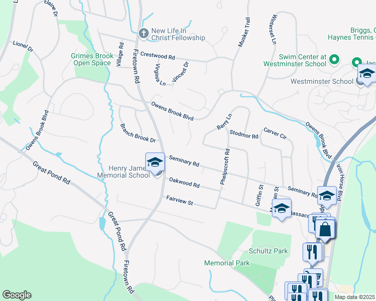 map of restaurants, bars, coffee shops, grocery stores, and more near 14 Hearthstone Drive in Simsbury