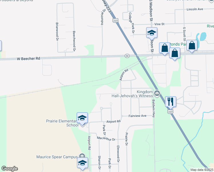 map of restaurants, bars, coffee shops, grocery stores, and more near 2318 Airport Road in Adrian