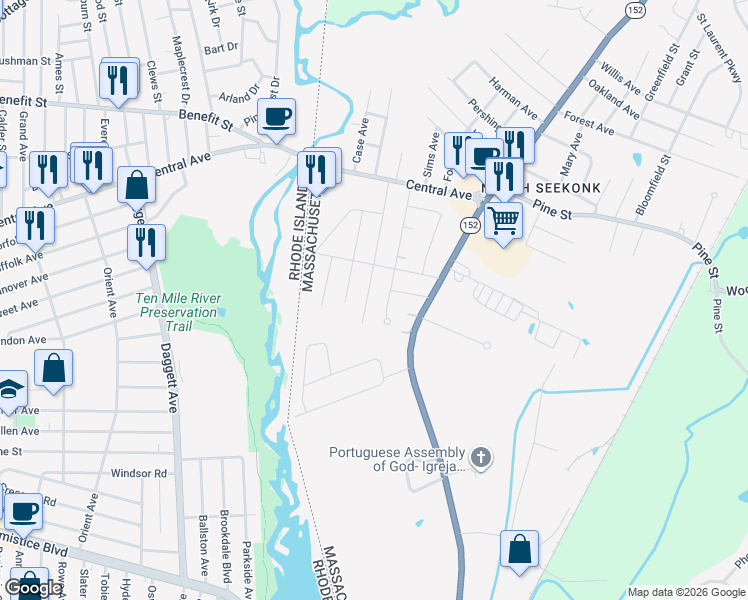 map of restaurants, bars, coffee shops, grocery stores, and more near 64 Bergeron Street in Seekonk