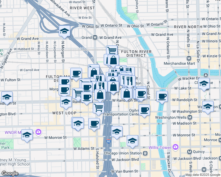 map of restaurants, bars, coffee shops, grocery stores, and more near 666 West Lake Street in Chicago