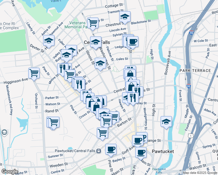 map of restaurants, bars, coffee shops, grocery stores, and more near 5 Illinois Street in Central Falls