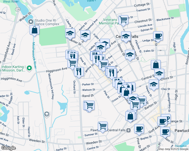 map of restaurants, bars, coffee shops, grocery stores, and more near 640 Pine Street in Central Falls