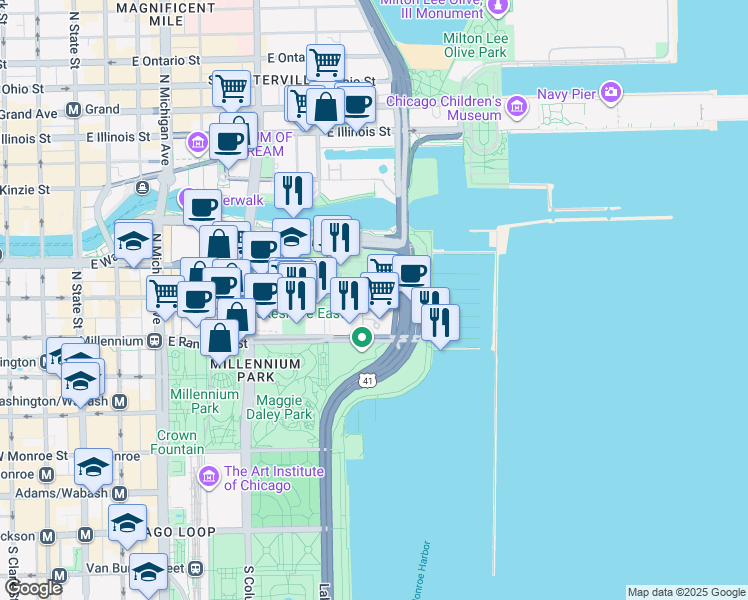 map of restaurants, bars, coffee shops, grocery stores, and more near 195 North Harbor Service Drive in Chicago