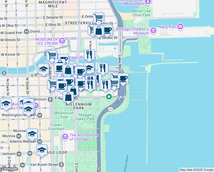 map of restaurants, bars, coffee shops, grocery stores, and more near 181 North Westshore Drive in Chicago
