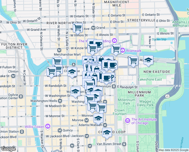 map of restaurants, bars, coffee shops, grocery stores, and more near 1 East Wacker Drive in Chicago
