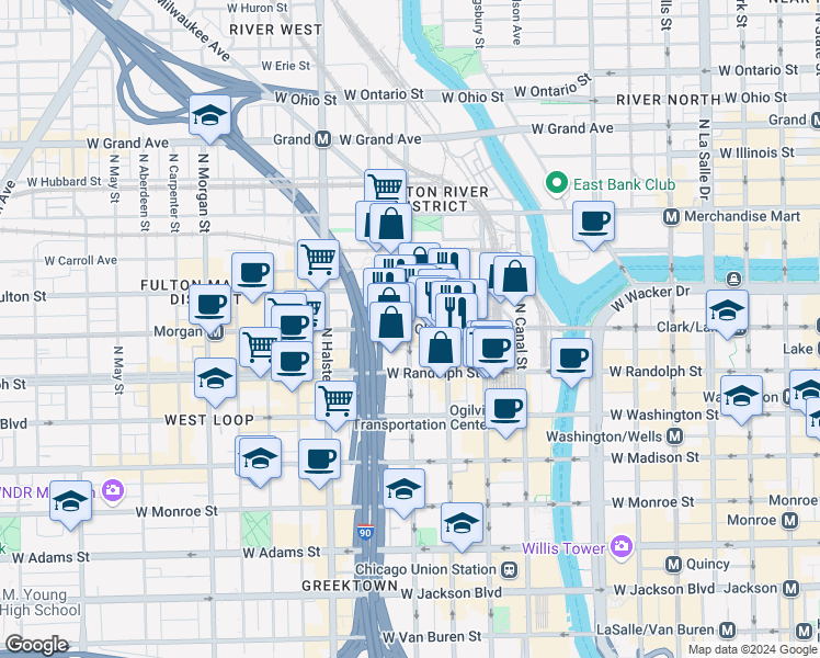 map of restaurants, bars, coffee shops, grocery stores, and more near in Chicago