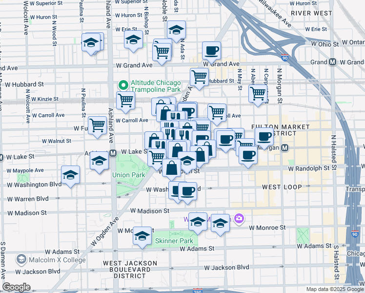 map of restaurants, bars, coffee shops, grocery stores, and more near 1370 West Lake Street in Chicago