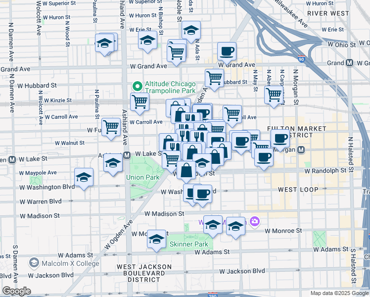map of restaurants, bars, coffee shops, grocery stores, and more near 1370 West Lake Street in Chicago