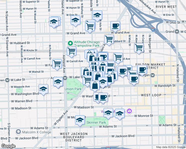 map of restaurants, bars, coffee shops, grocery stores, and more near 1370 West Lake Street in Chicago