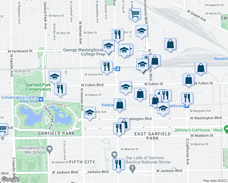 map of restaurants, bars, coffee shops, grocery stores, and more near 256 North Kedzie Avenue in Chicago