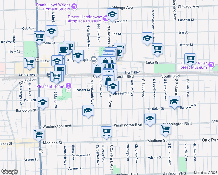 map of restaurants, bars, coffee shops, grocery stores, and more near 149-155 North Oak Park Avenue in Oak Park