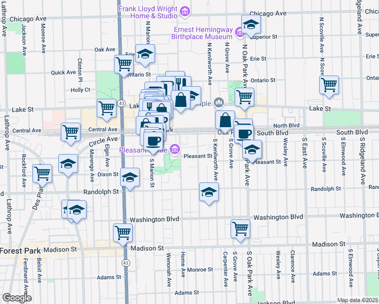 map of restaurants, bars, coffee shops, grocery stores, and more near 118 Home Avenue in Oak Park