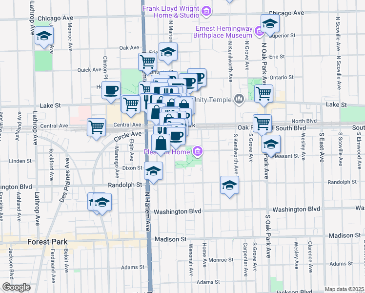 map of restaurants, bars, coffee shops, grocery stores, and more near 128 South Marion Street in Oak Park