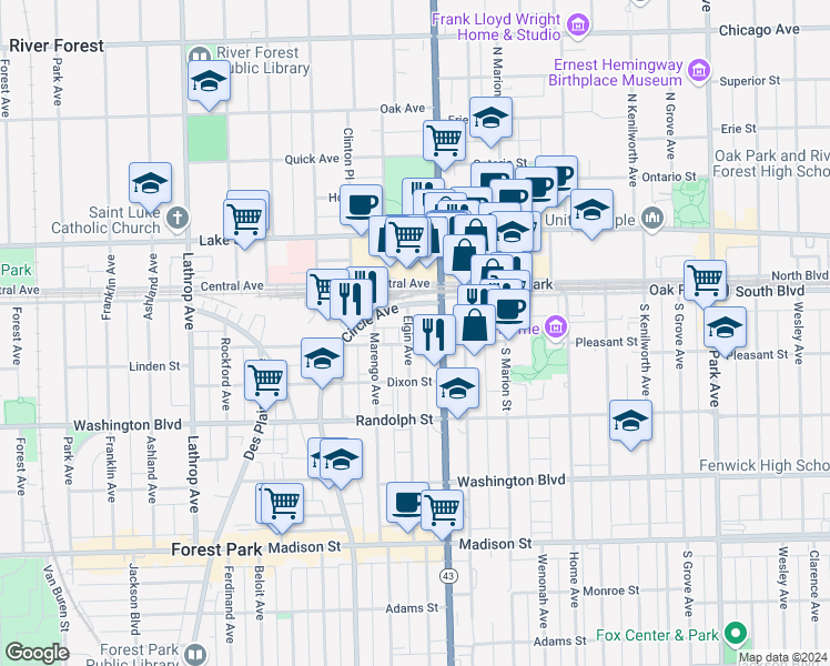 map of restaurants, bars, coffee shops, grocery stores, and more near in Oak Park
