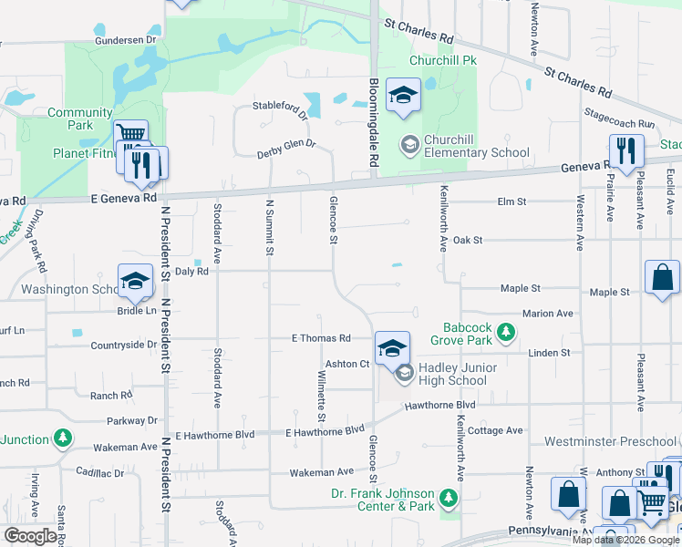 map of restaurants, bars, coffee shops, grocery stores, and more near 2006 Glencoe Street in Wheaton