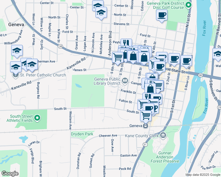 map of restaurants, bars, coffee shops, grocery stores, and more near 250 Kenston Court in Geneva